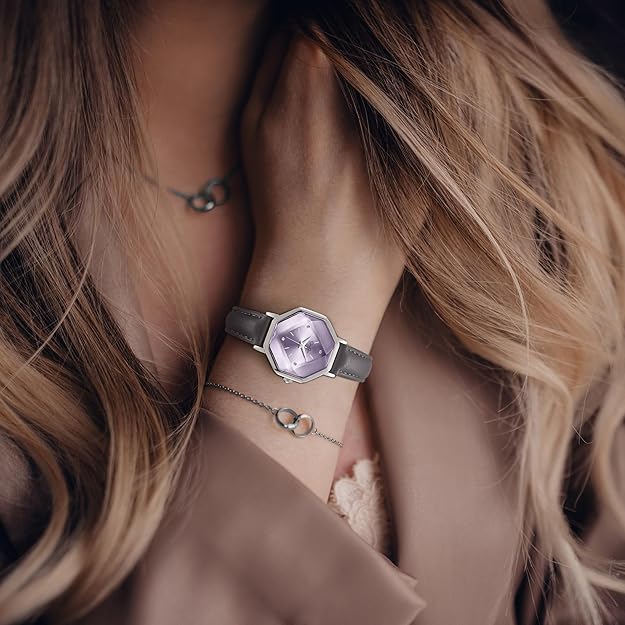 Reloj Correa de Cuero Gris/Dial Lila