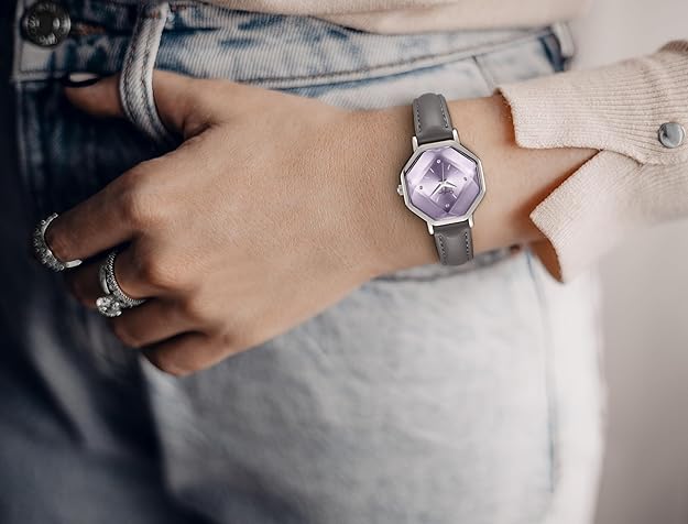 Reloj Correa de Cuero Gris/Dial Lila